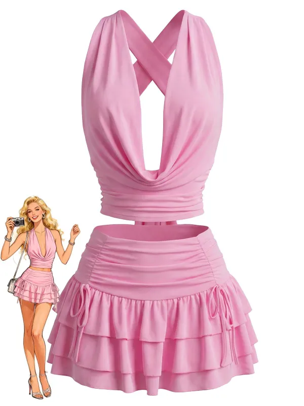 2PCS 1960s Solid Ruffled Crop Cowl Top & Mini Skirt made by Retro Stage