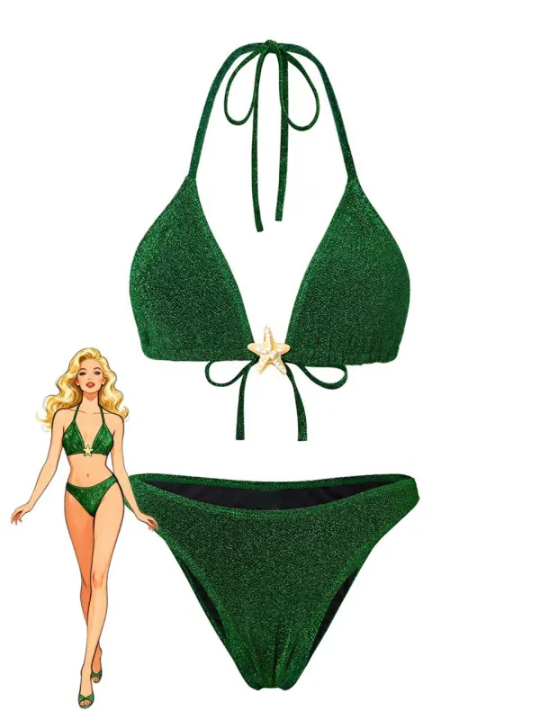 Green 1940s Solid Starfish Sequined Bikini Set sold by Retro Stage