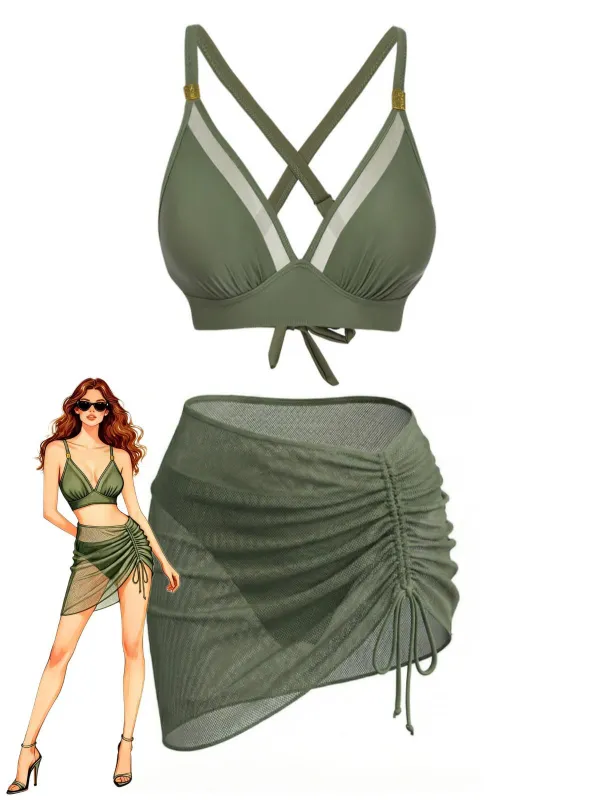 3PCS 1950s Solid Metal Button Bikini Set made by Retro Stage