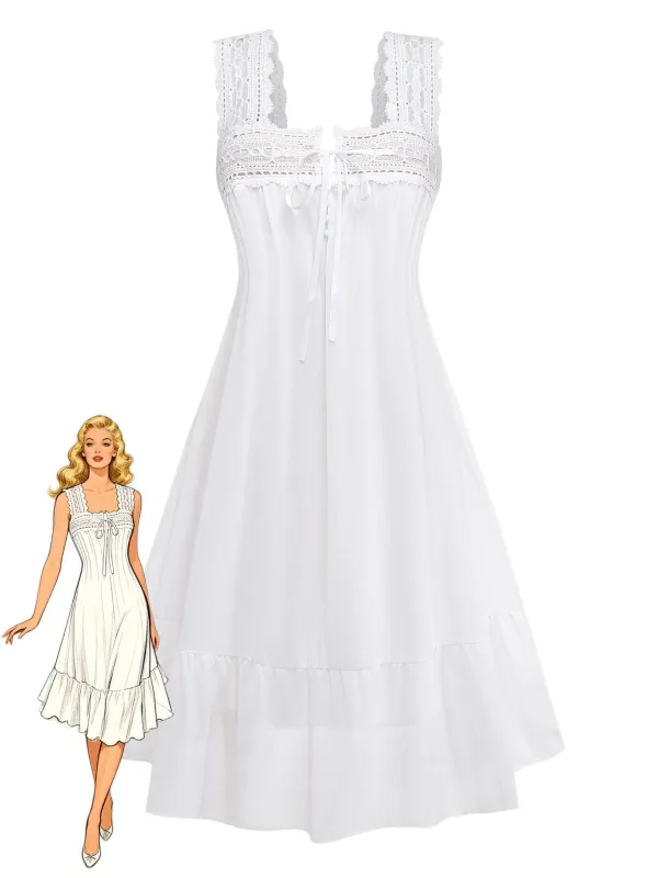 White 1940s Solid Lace Patchwork Tie Front Dress made by Retro Stage