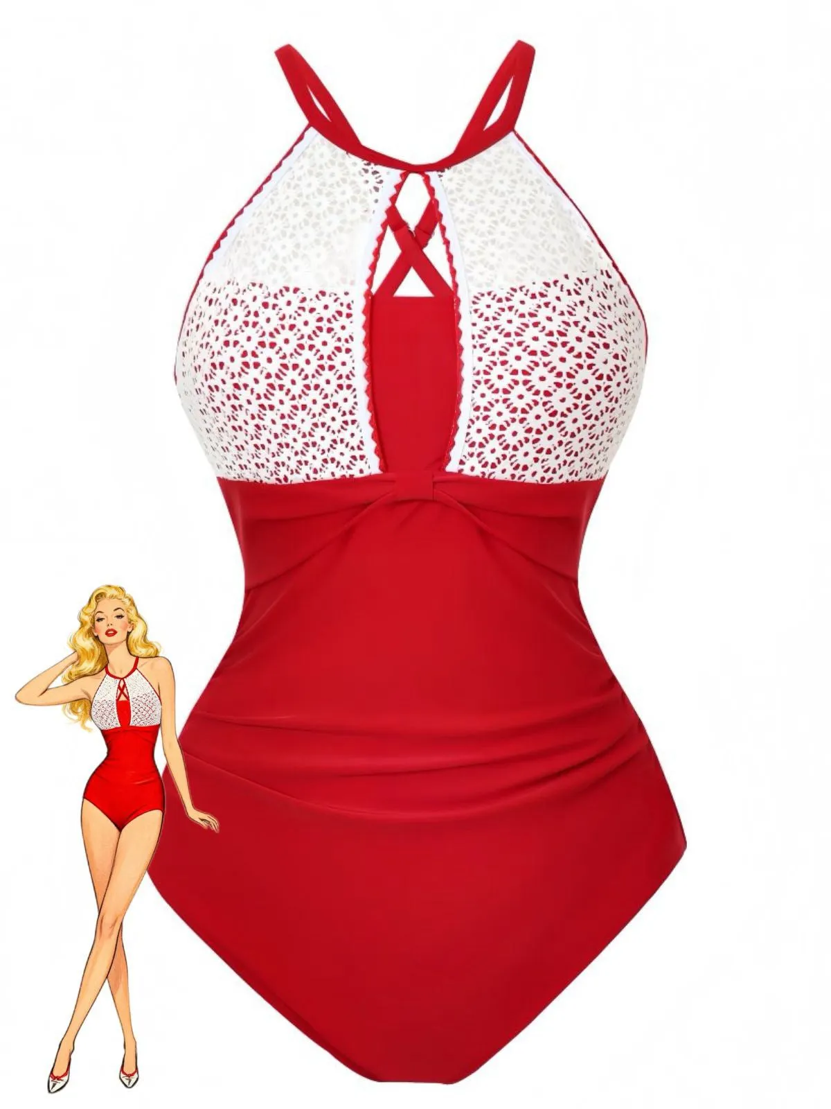 1940s Lace Patchwork Halter One-Piece Swimsuit sold by Retro Stage