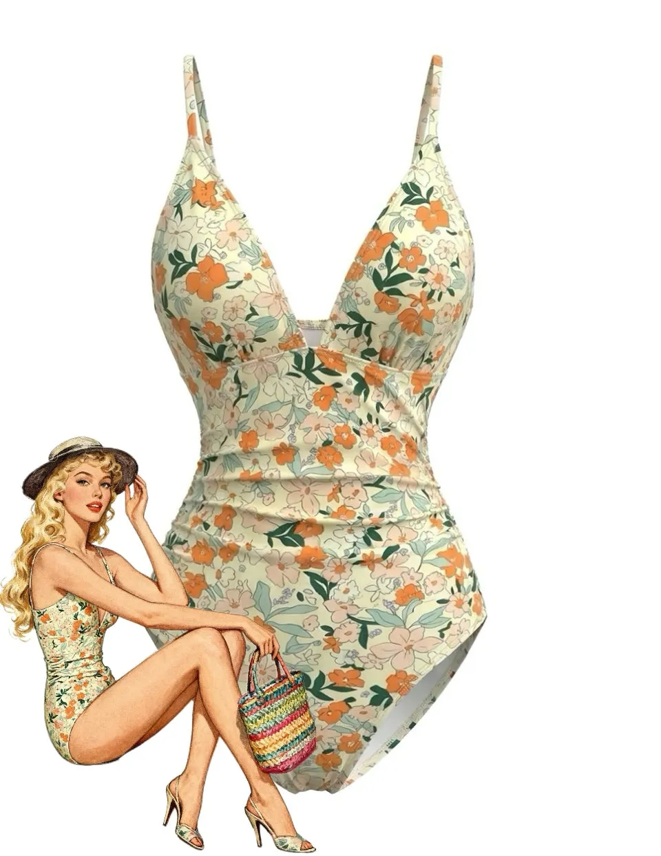 1980s Floral V-Neck Ruched One-Piece Swimsuit sold by Retro Stage