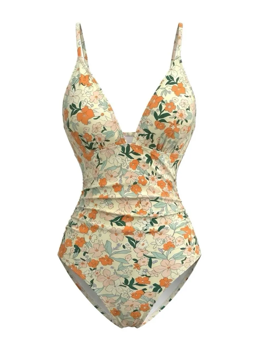 1980s Floral V-Neck Ruched One-Piece Swimsuit sold by Retro Stage product image thumbnail 2