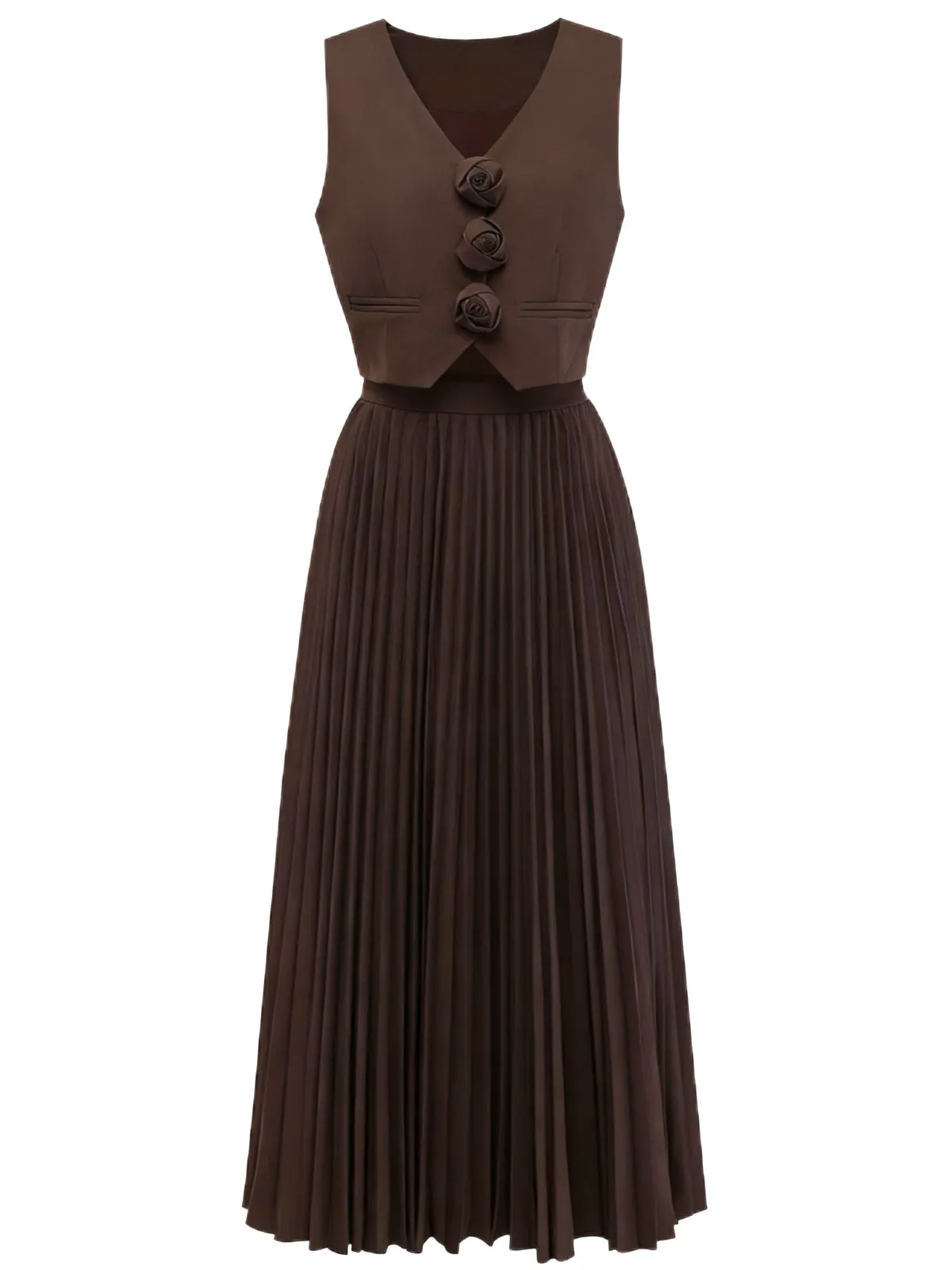 2PCS Brown 1940s Sleeveless Vest & Pleated Midi Skirt sold by Retro Stage product image thumbnail 2
