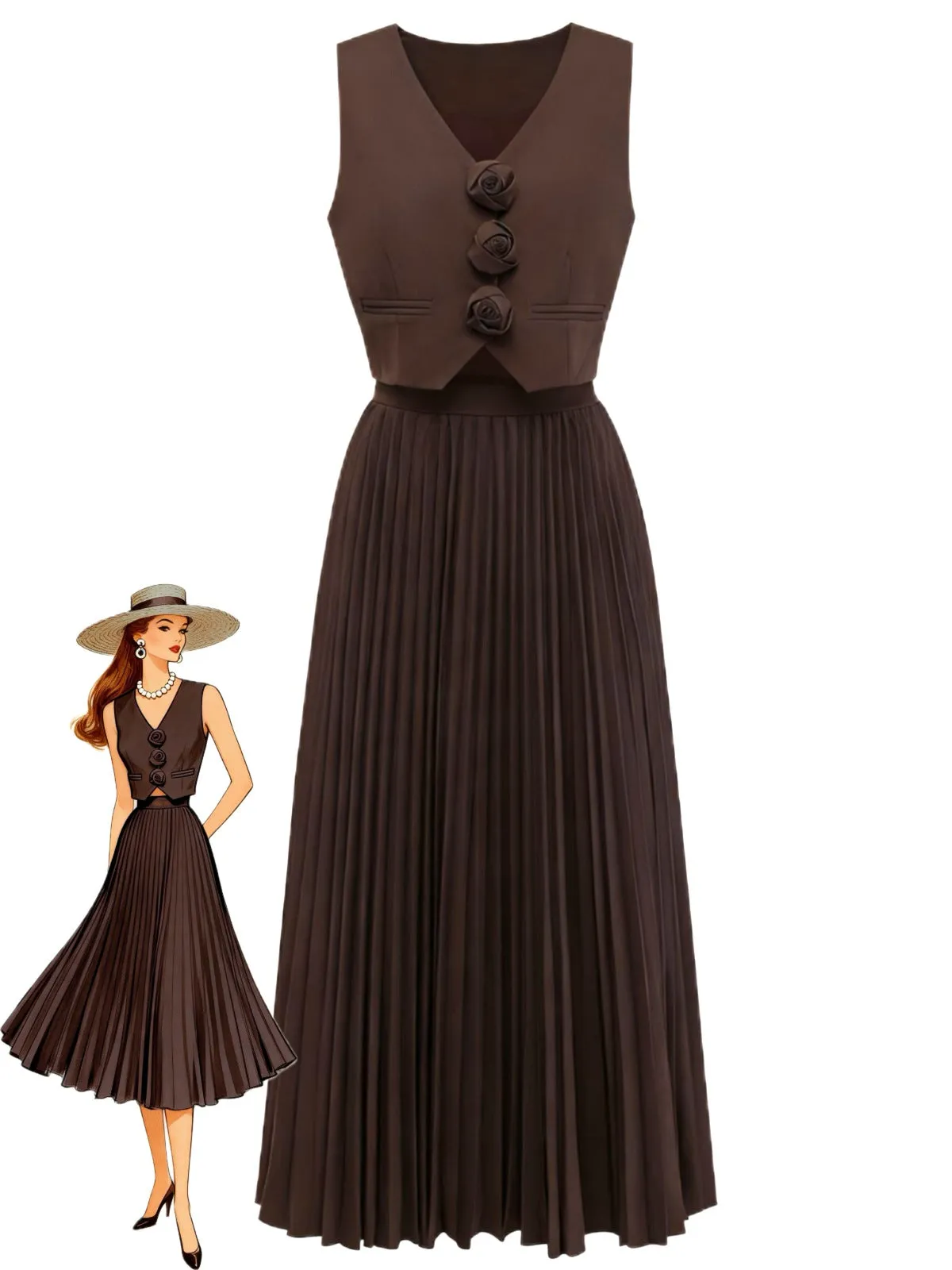 2PCS Brown 1940s Sleeveless Vest & Pleated Midi Skirt sold by Retro Stage