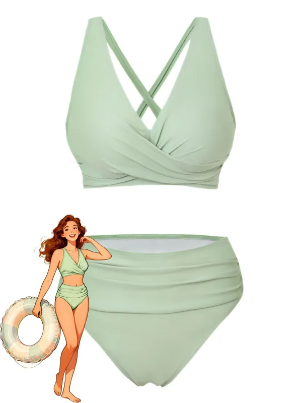 1950s Solid Wrap Crisscross High Waist Bikini Set made by Retro Stage