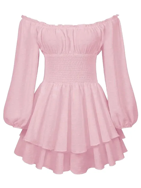 1950s Solid Off-Shoulder Long-Sleeve Smocked Mini Dress made by Retro Stage