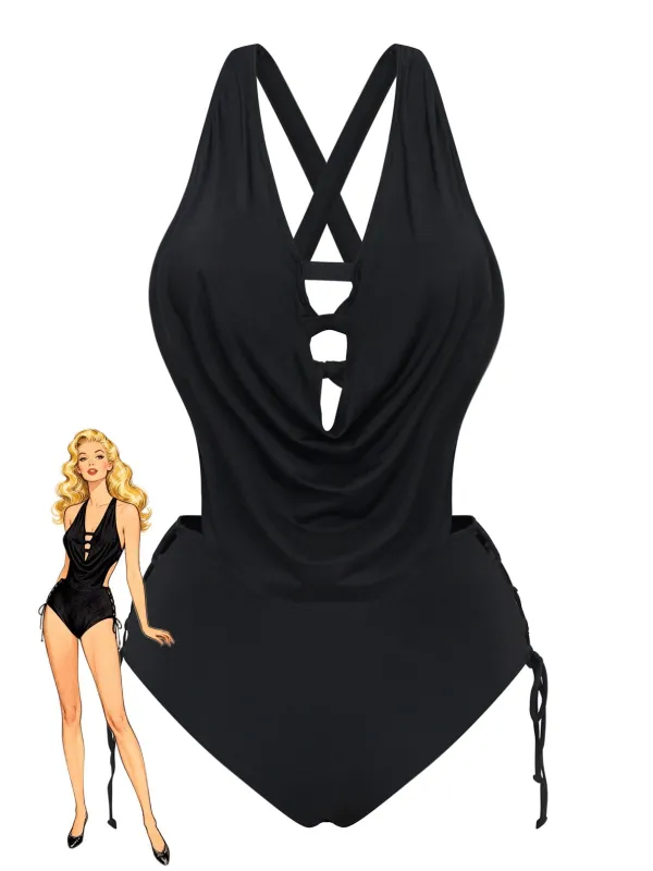 [Pre-Sale] Black 1940s Crisscross Cutout Lace-Up Tankini Set made by Retro Stage
