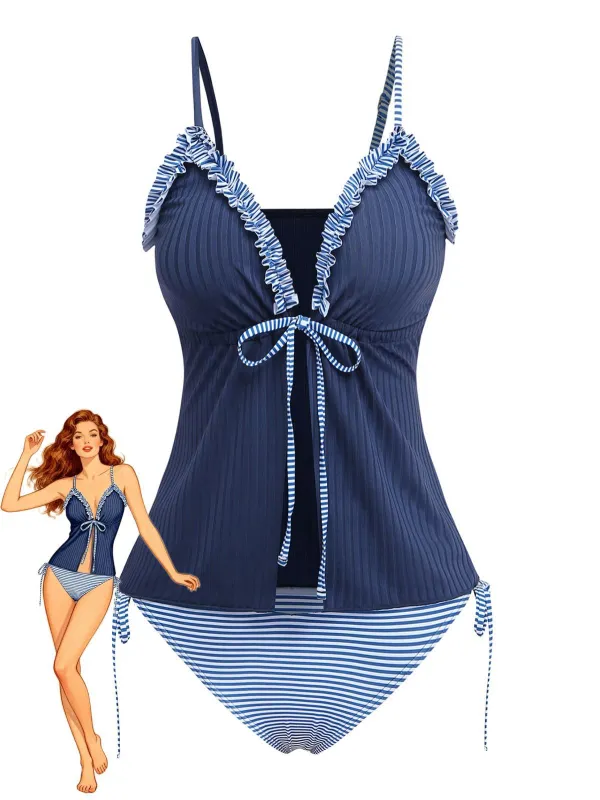 Navy Blue 1950s Ruffled Striped Tie Front Tankini Set made by Retro Stage