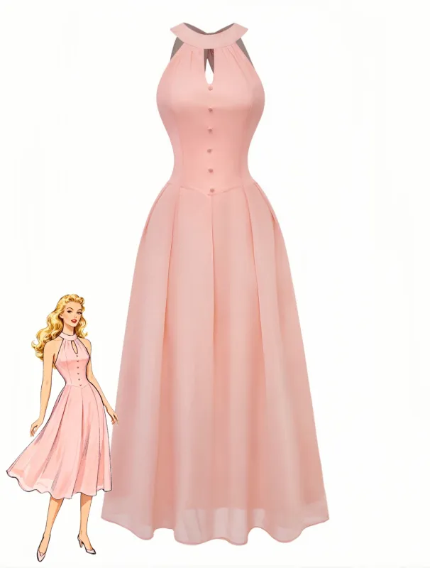 Peach 1940s Halter Cutout Button-Front Maxi Dress made by Retro Stage