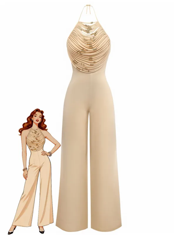 Beige 1960s Beaded Ruched Backless Wide-Leg Jumpsuit made by Retro Stage