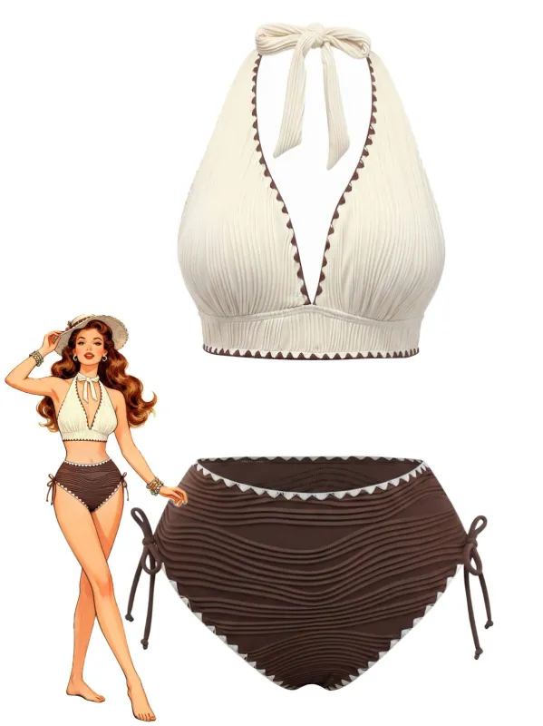 Beige Brown 1950s Halter High-Waist Ribbed Bikini Set made by Retro Stage