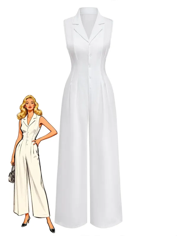 White 1930s Flax Sleeveless Lapel Plunge Wide-Leg Jumpsuit made by Retro Stage