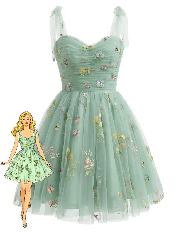 Green 1960s Floral Embroidered Mesh Tutu Dress made by Retro Stage
