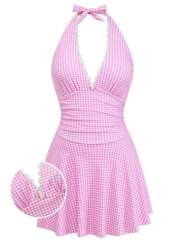 [Pre-Sale] Pink 1940s Halter V-Neck Plaid One-Piece Swimsuit made by Retro Stage