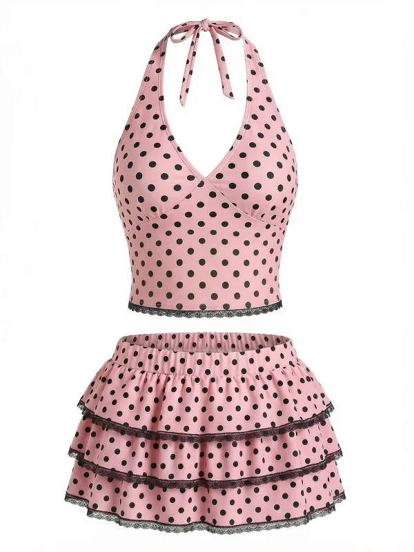 [Pre-Sale] Pink 1950s Polka Dot Halter Tankini Top & Ruffle Swim Skirt made by Retro Stage
