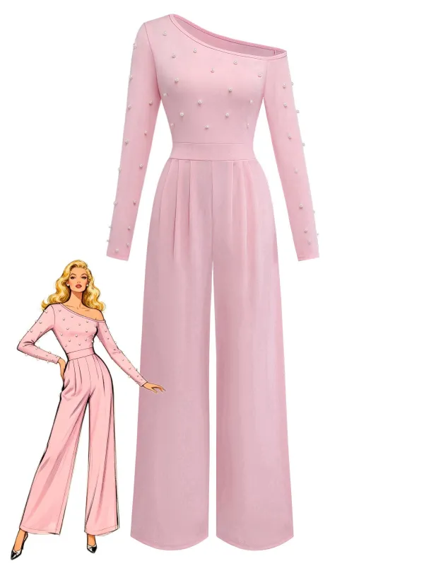 1930s Solid One-Shoulder Pearl Detail Long Sleeve Jumpsuit made by Retro Stage