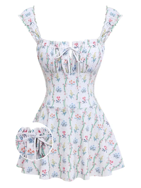 White 1970s Floral Ruffle Cap-Sleeve Square-Neck Swimdress made by Retro Stage