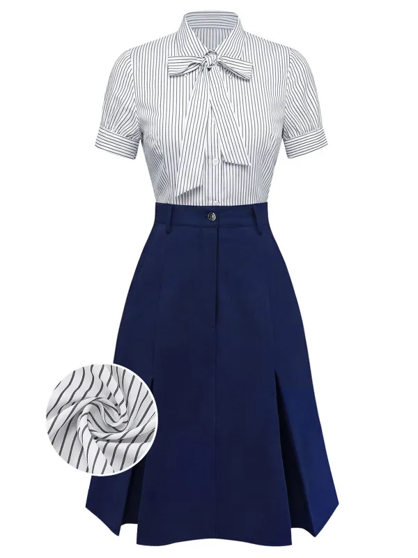 [Pre-Sale] 2PCS 1960s Bow-Neck Pinstripe Blouse & Denim Skirt made by Retro Stage
