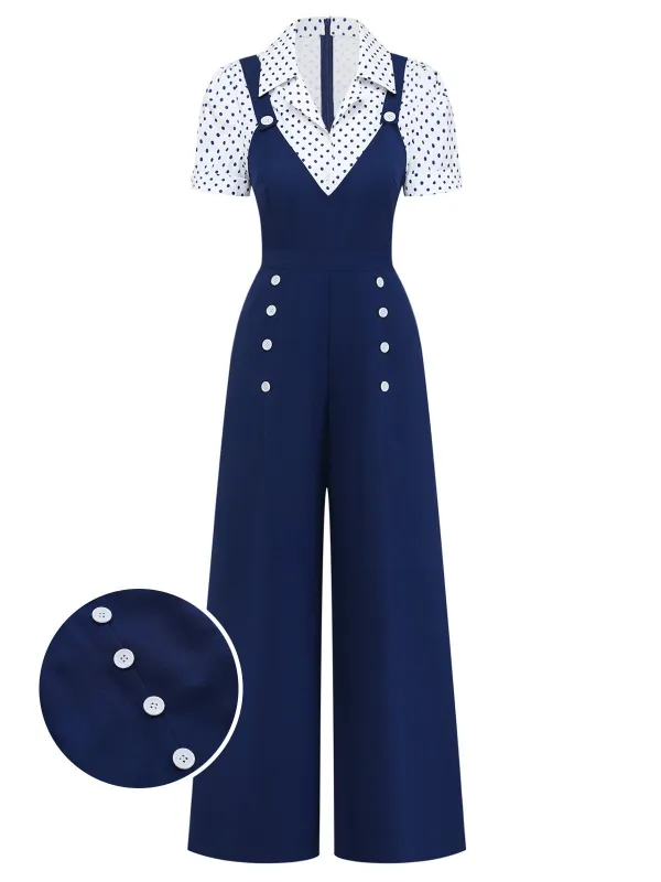 [Pre-Sale] Blue 1960s Polka Dots Lapel Faux Two-Piece Jumpsuit made by Retro Stage