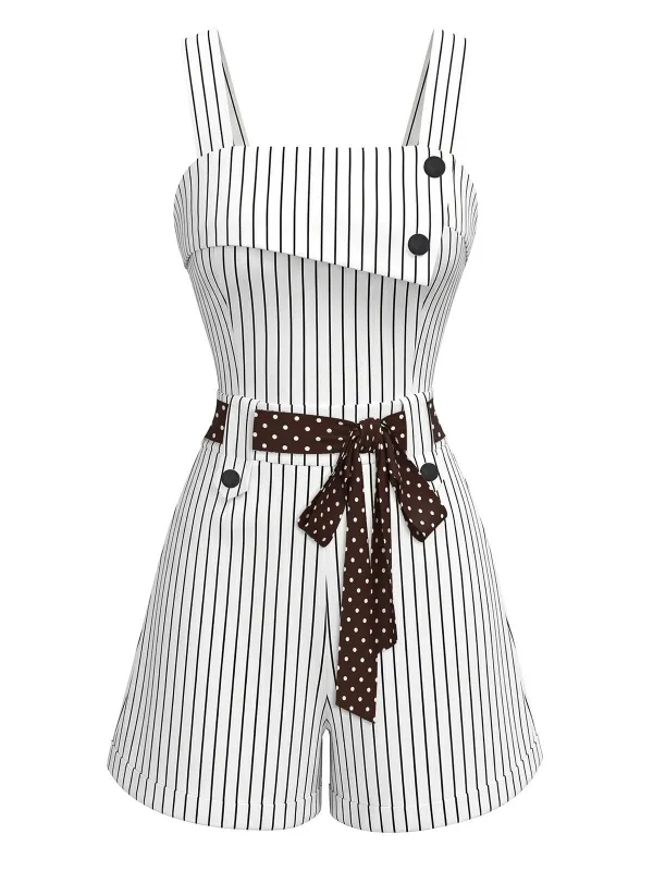 [Pre-Sale] 1980s Pinstripe Polka Dot Belted Sleeveless Romper made by Retro Stage