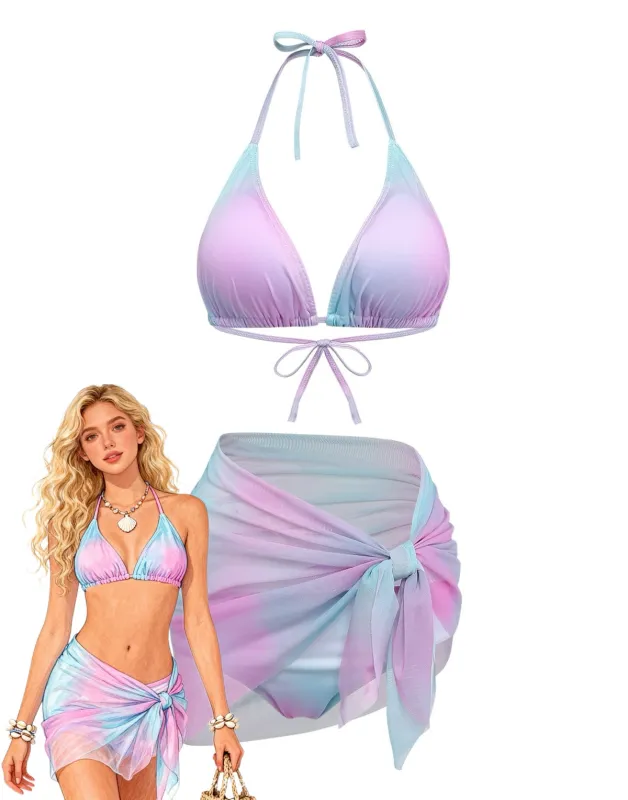 3PCS Y2K Halter Ombre Bikini Set & Cover-Up made by Retro Stage