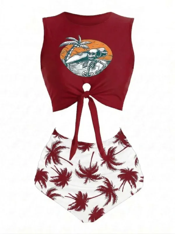 [Pre-Sale] Wine Red 1980s Punk Waist Tie Skeleton Beach Print Bikini Set made by Retro Stage