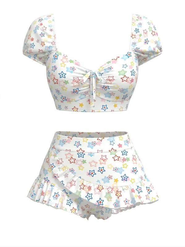 [Pre-Sale] Multicolor Stars 1970s Puff Gingham Plaid Bikini Set made by Retro Stage