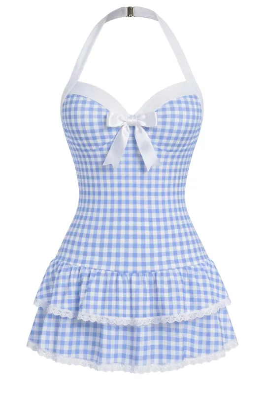 [Pre-Sale] Light Blue 1940s Halter Polka Dots Bow One-Piece Swimsuit made by Retro Stage