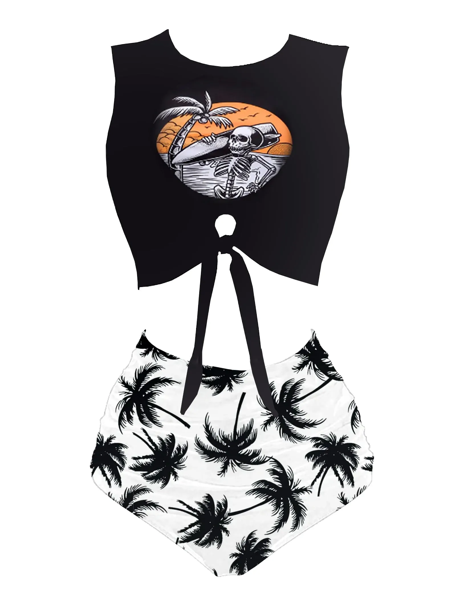 Green 1980s Punk Waist Tie Skeleton Beach Print Bikini Set sold by Retro Stage product image thumbnail 5
