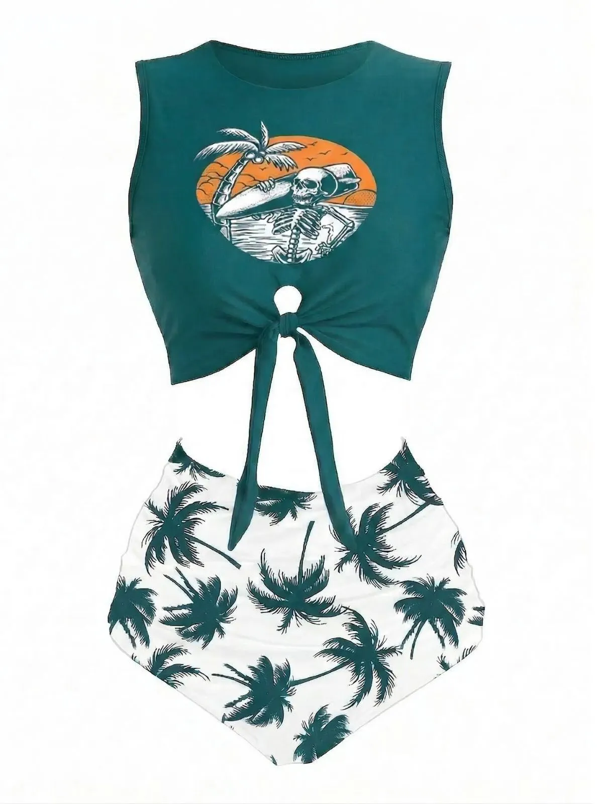 Green 1980s Punk Waist Tie Skeleton Beach Print Bikini Set sold by Retro Stage