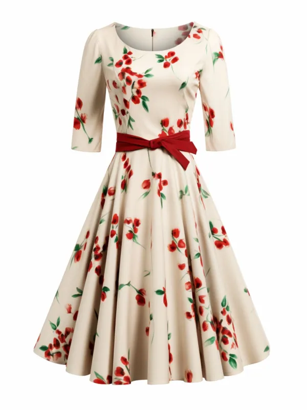 Beige 1950s Floral Half Sleeve Belted Dress made by Retro Stage