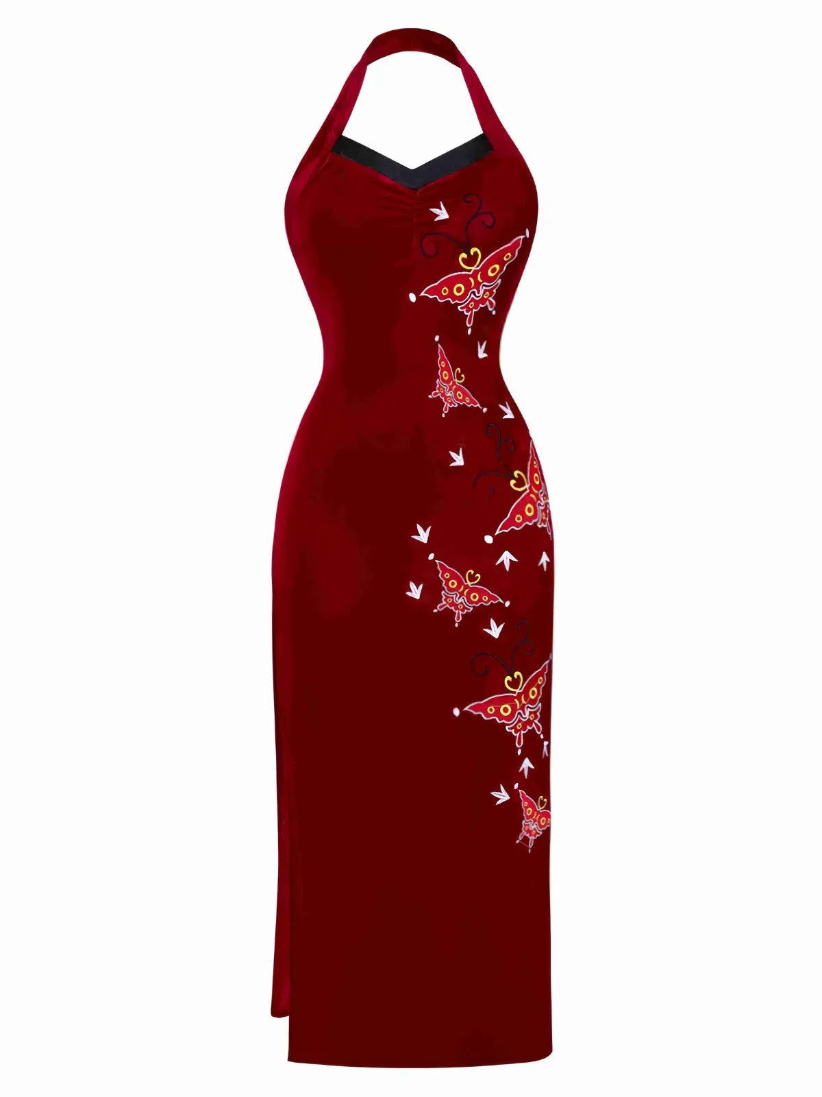 Red 1980s Ada-Wong Embroidered Butterfly Velvet Dress sold by Retro Stage