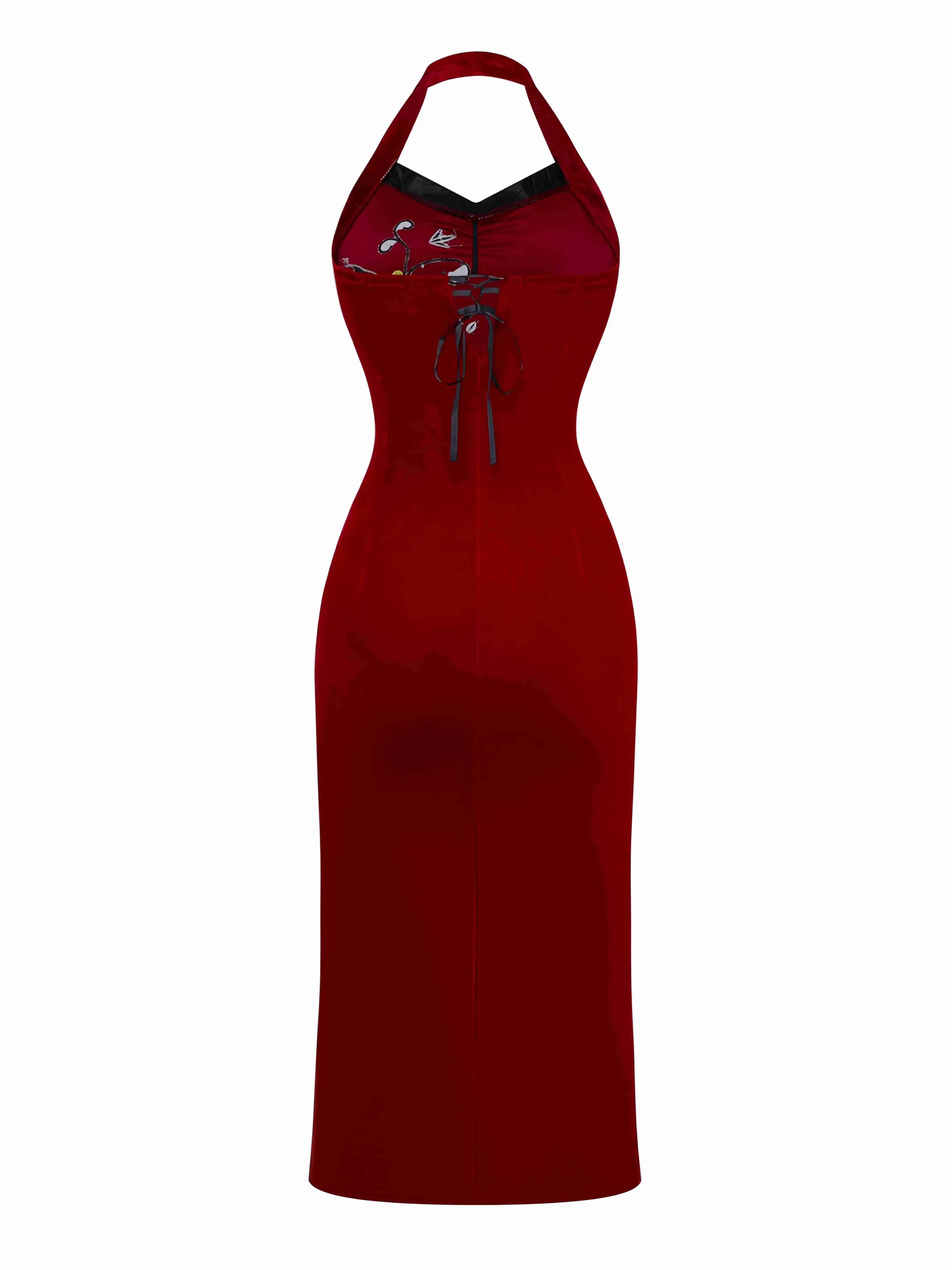 Red 1980s Ada-Wong Embroidered Butterfly Velvet Dress sold by Retro Stage product image thumbnail 2