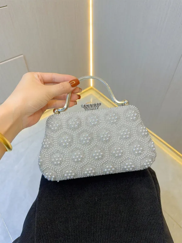 White 1970s Vintage Pearl Clutch Bags made by Retro Stage