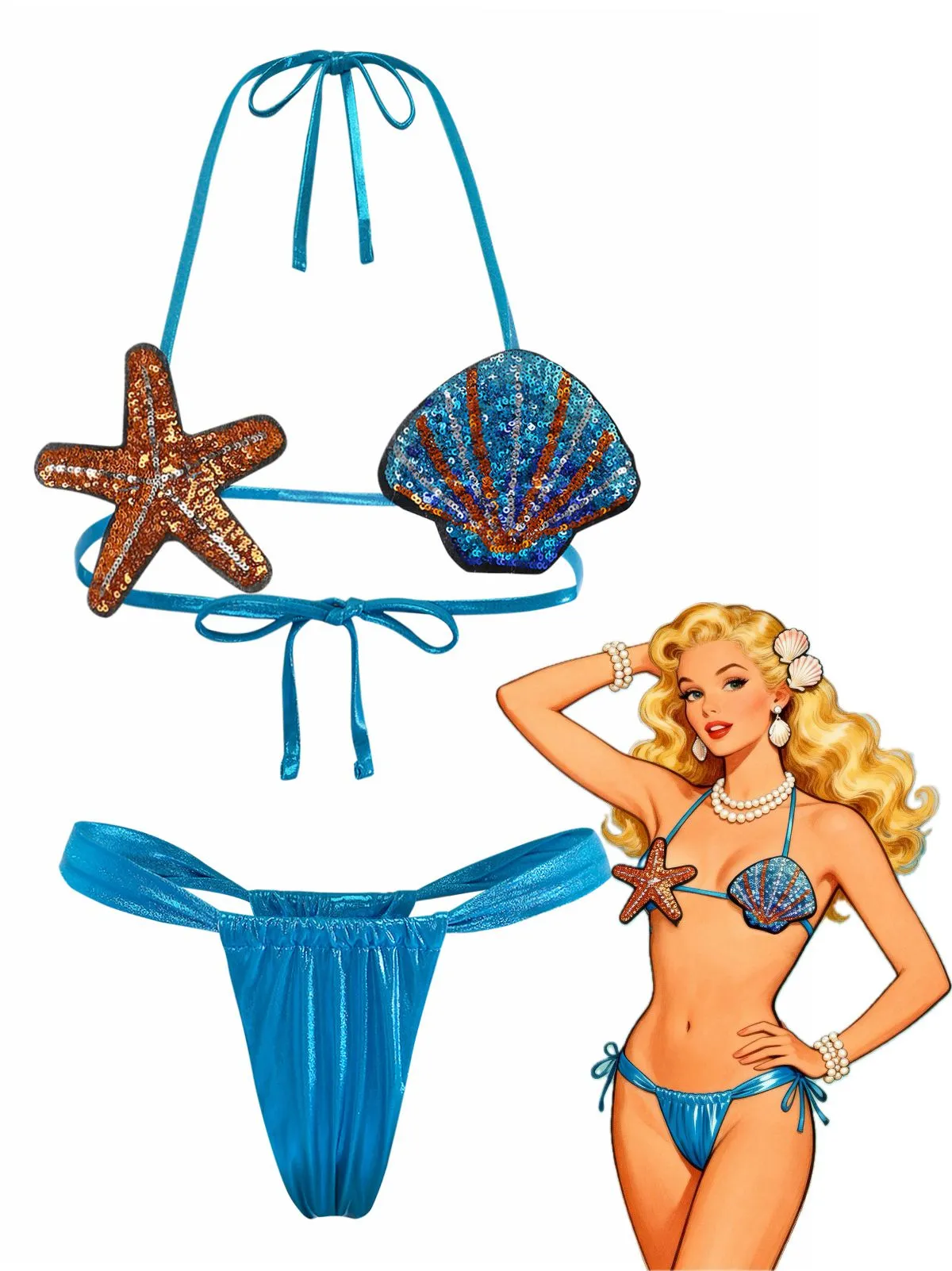 Blue 1970s Shell & Starfish Bikini Set sold by Retro Stage