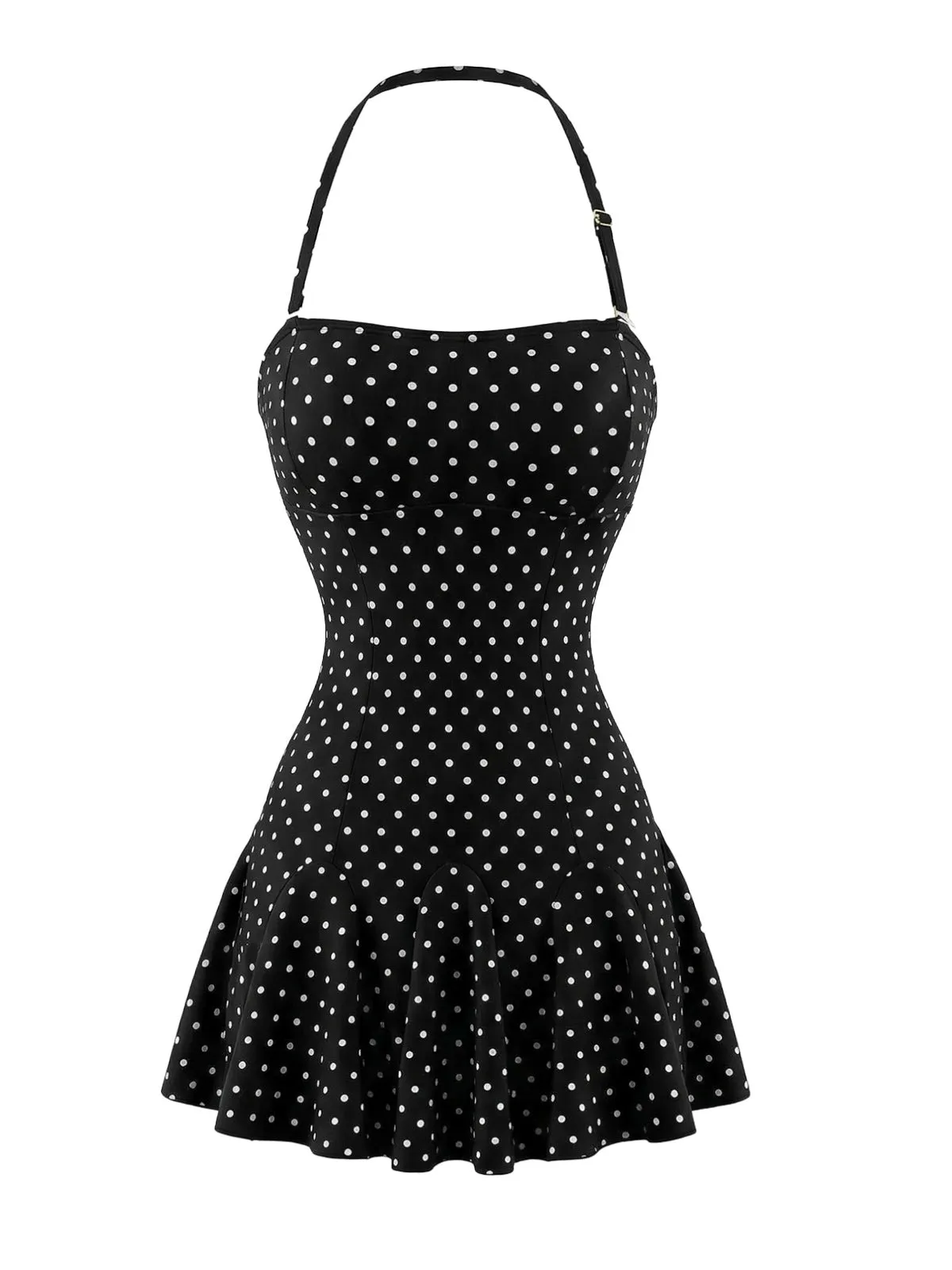 Black 1950s Polka Dot Halter Backless Swim Dress sold by Retro Stage product image thumbnail 2