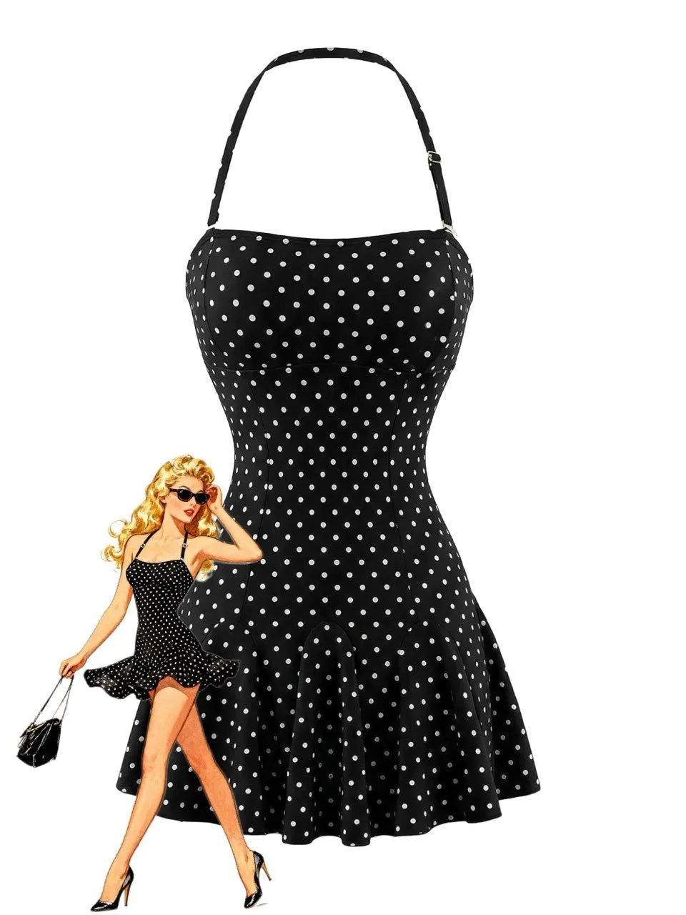 Black 1950s Polka Dot Halter Backless Swim Dress sold by Retro Stage