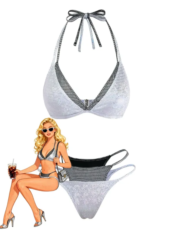 Silver 1980s Halter Shimmer Fake Two-Piece Bikini Set made by Retro Stage