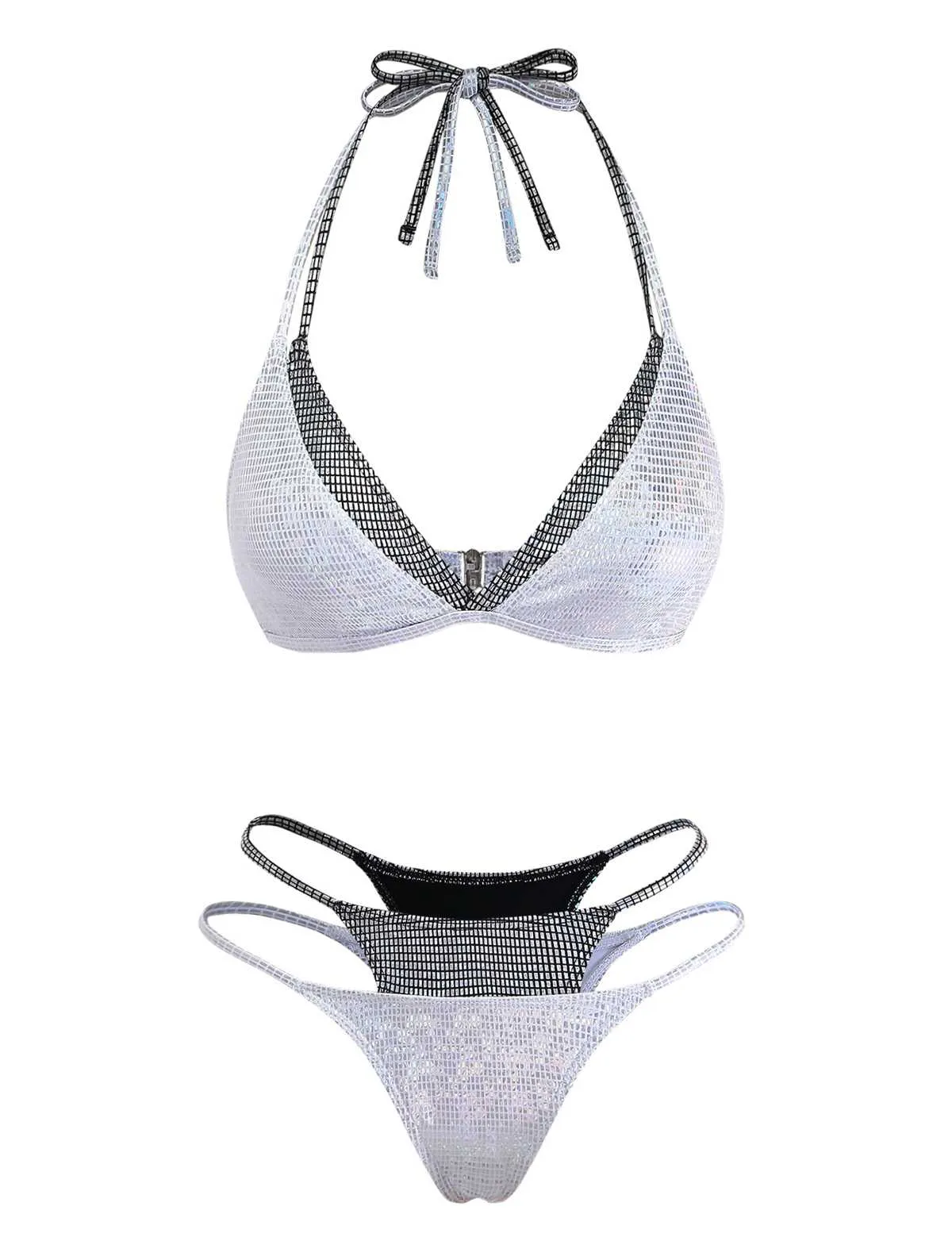 Silver 1980s Halter Shimmer Fake Two-Piece Bikini Set sold by Retro Stage product image thumbnail 2