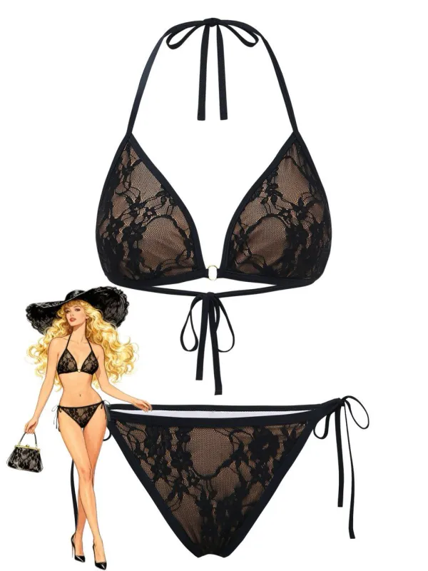 Black 1970s Halter Floral Lace Bikini Set made by Retro Stage
