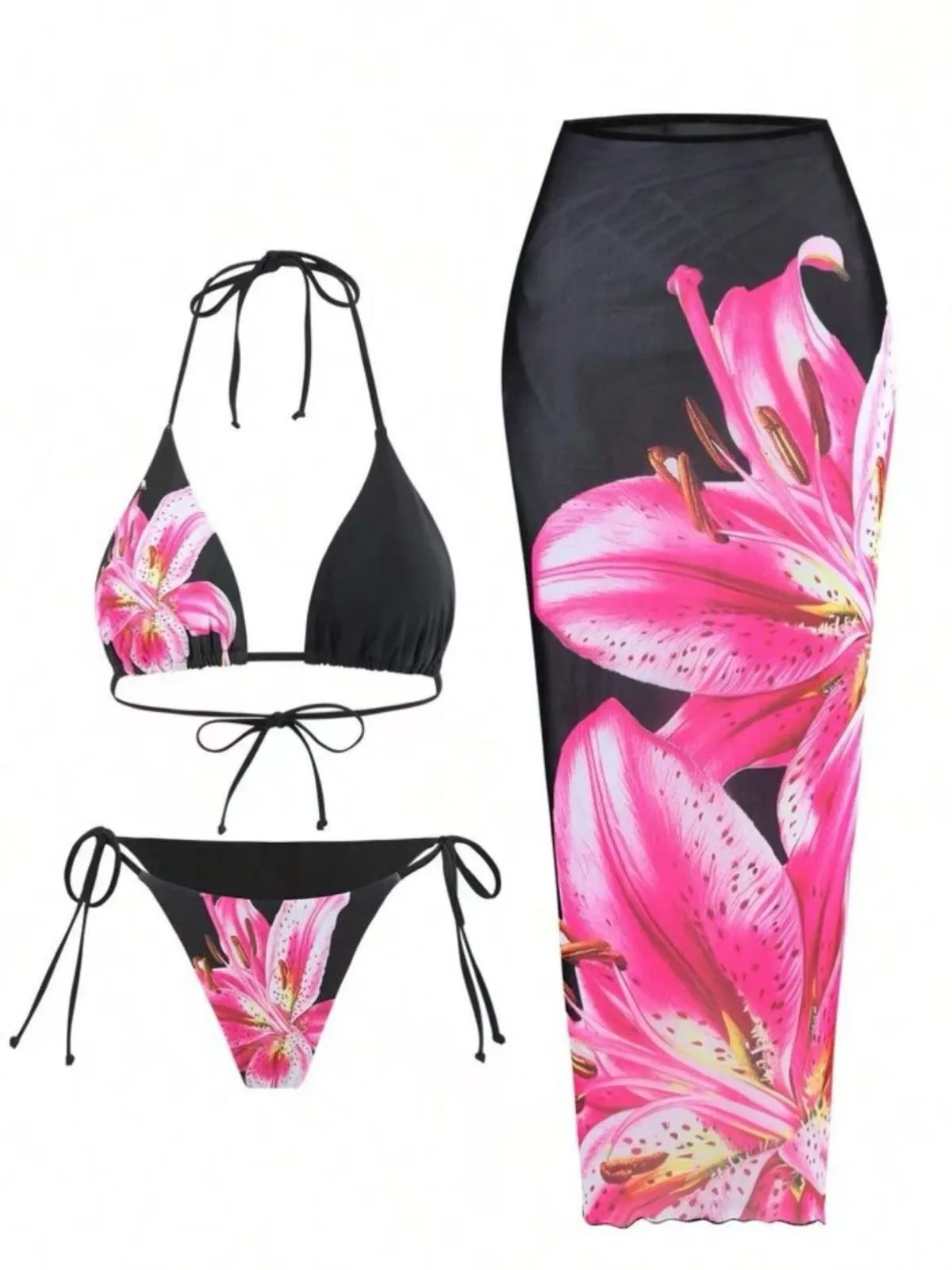 3PCS 1950s Mesh Lily Print Bikini Set & Cover-Up sold by Retro Stage