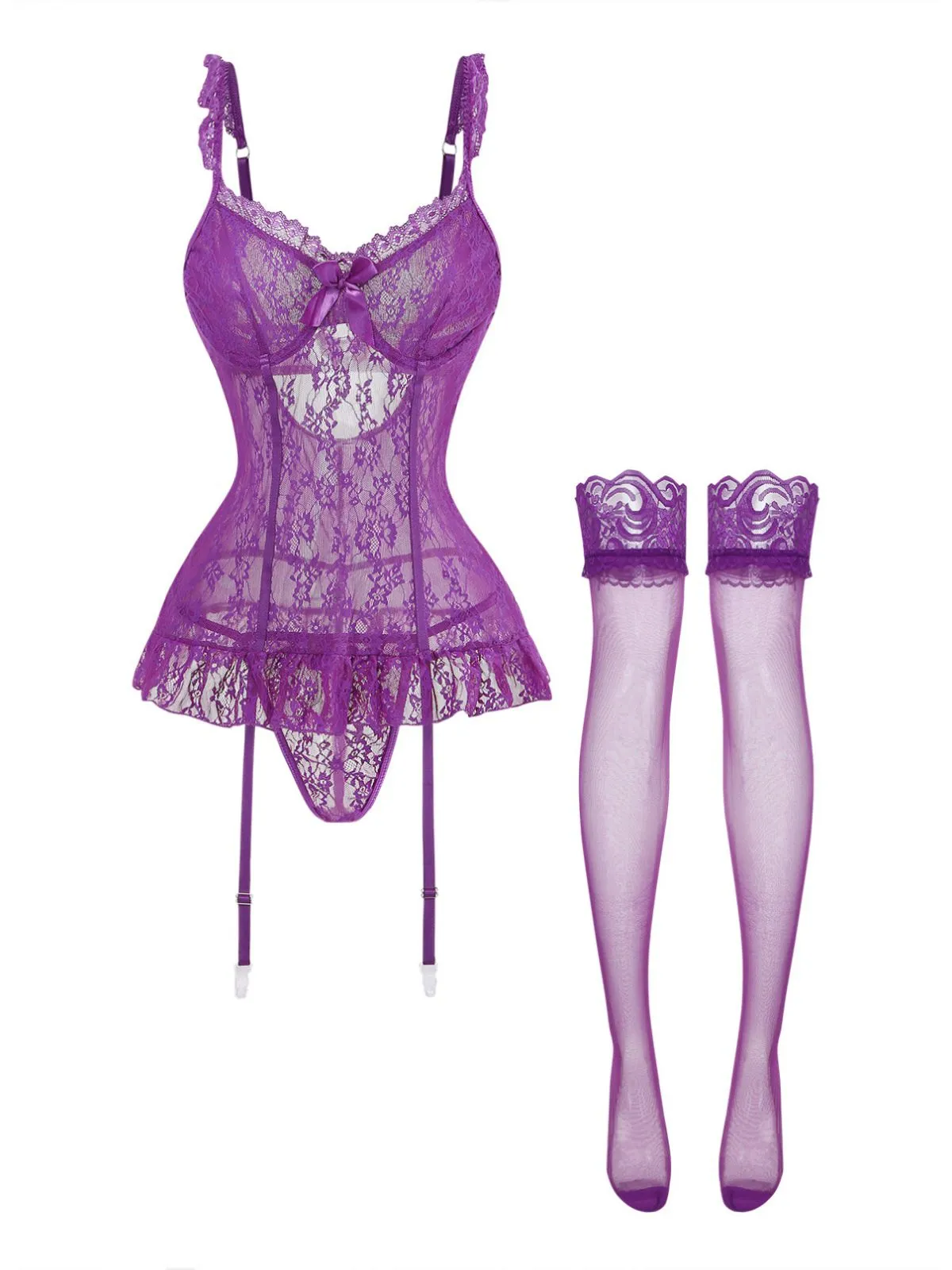 3PCS Purple 1980s Lace Lingerie Set with Stockings sold by Retro Stage product image thumbnail 2