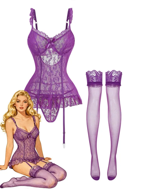 3PCS Purple 1980s Lace Lingerie Set with Stockings made by Retro Stage