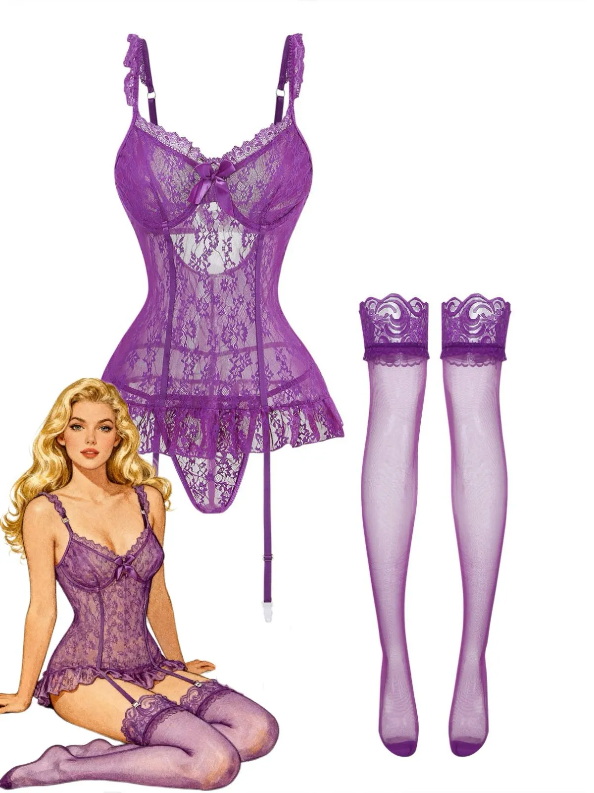 3PCS Purple 1980s Lace Lingerie Set with Stockings sold by Retro Stage