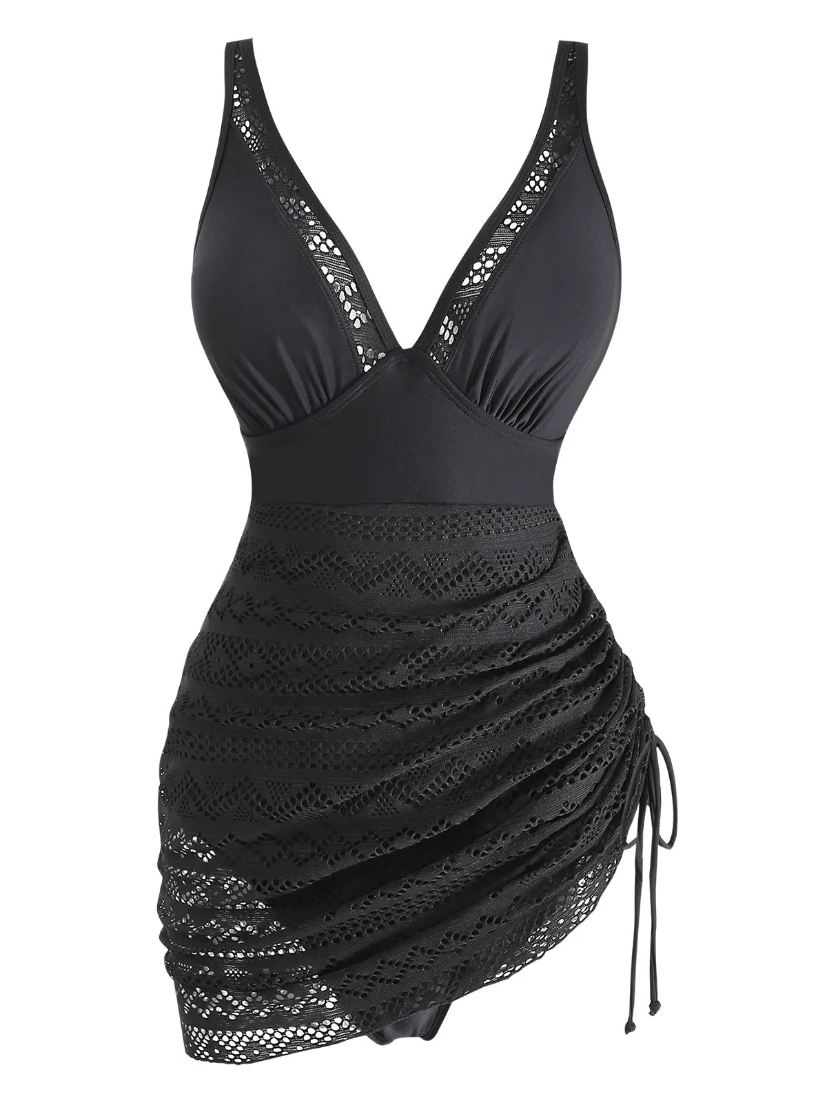 Black 1950s Lace V-Neck Ruched One-Piece Swimsuit sold by Retro Stage product image thumbnail 2