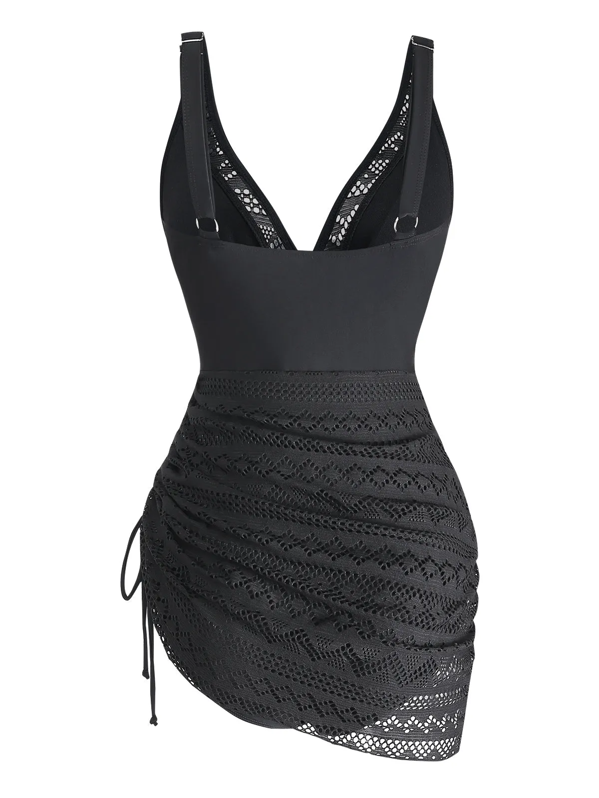 Black 1950s Lace V-Neck Ruched One-Piece Swimsuit sold by Retro Stage product image thumbnail 3
