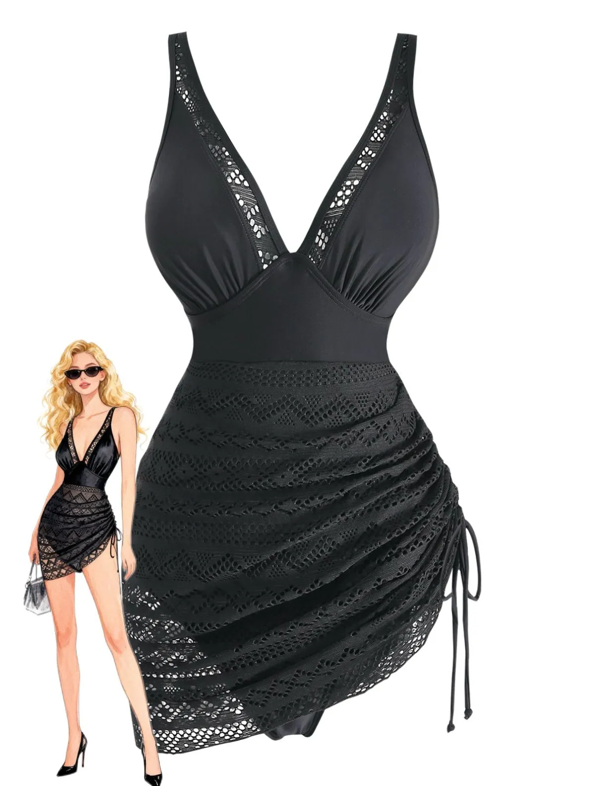 Black 1950s Lace V-Neck Ruched One-Piece Swimsuit sold by Retro Stage