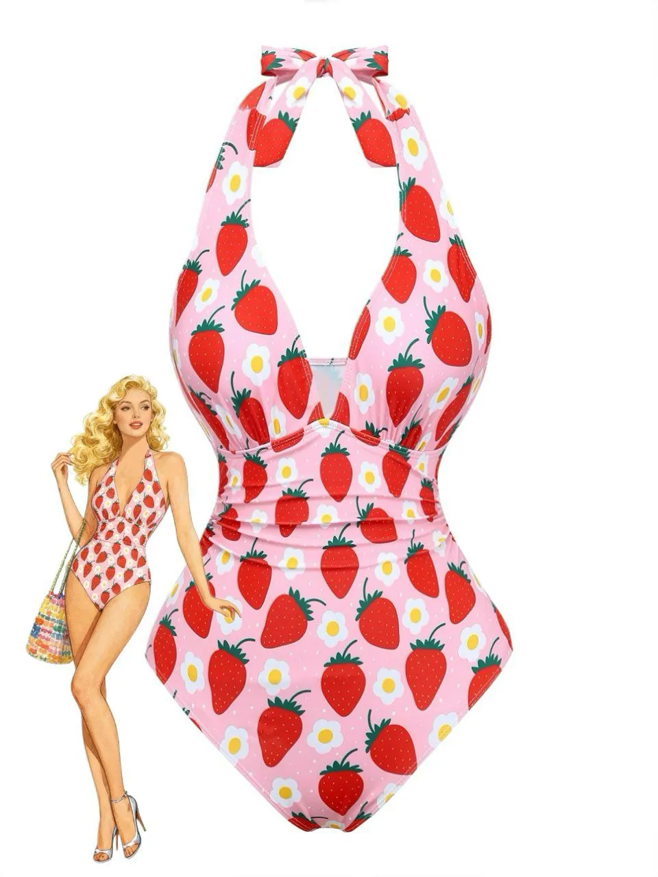 1950s Pleated Tummy Control Strawberry One-Piece Swimsuit sold by Retro Stage