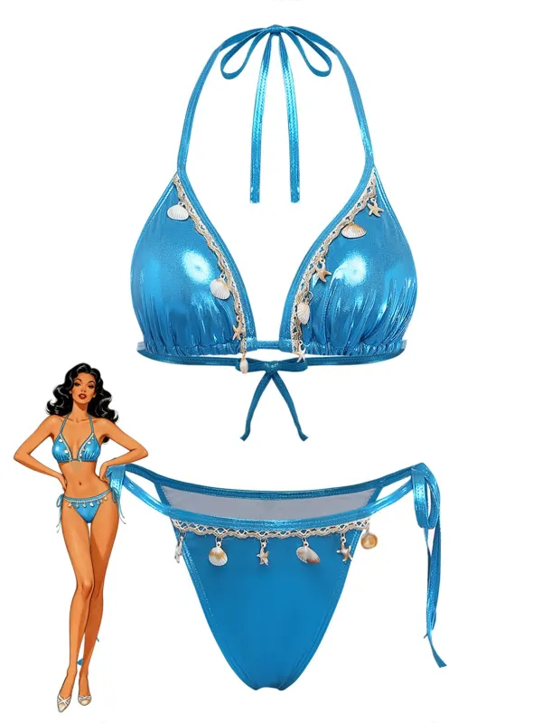 Blue 1980s Metallic Shell Halter Bikini Set made by Retro Stage
